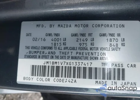 2016 Mazda Mazda3 I Touring из США, поврежденный, VIN JM1BM1V7XG1337417